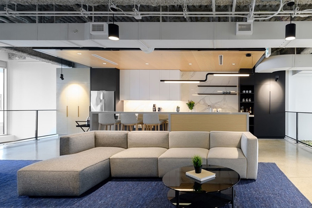 DADO sofa by Alfredo Habërli, FLEX chairs and RUTA table by Pearson Lloyd for Andreu World at the Woodward Offices in Vancouver (Canada). Photo courtesy of Andreu World.