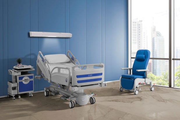 NOVA hospital cabinet, MAJESTIC 3 bed and LOW4R patient chair by Medical Ibérica. Photo courtesy of Medical Ibérica. 
