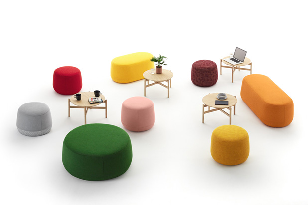 DOWNTOWN tables and MOLE pouffs, designed by La Mamba for Cármenes