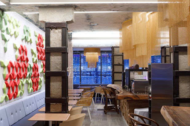 Kriskadecor aluminium curtains at the Karavaevi cafe in Moscow (Russia). Photo by Denis Vasiliev. Courtesy of Kriskadecor