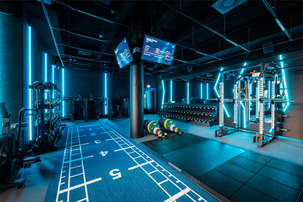 Techno and cyberpunk gym designed by Masquespacio for the King Kong Club in Salzburg, Austria. Photo by ©DavidJohansson, courtesy of Masquespacio.