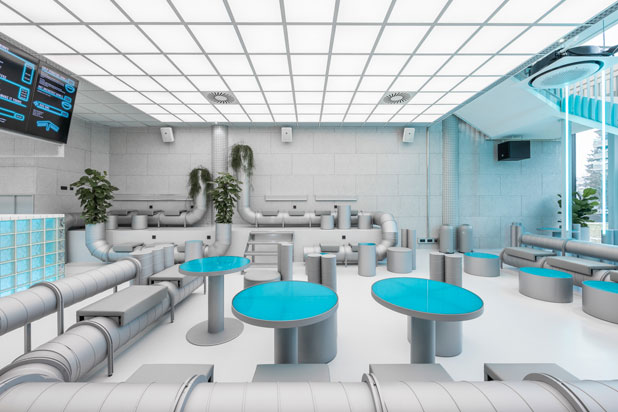 Techno and cyberpunk gym designed by Masquespacio for the King Kong Club in Salzburg, Austria. Photo by ©DavidJohansson, courtesy of Masquespacio.