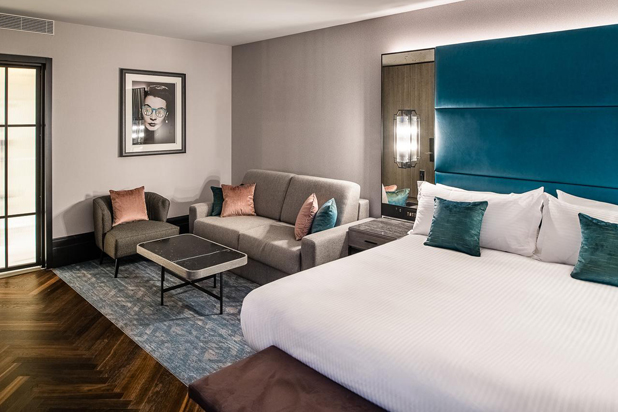 Armchairs, side tables and bed footstool by Mobilfresno in rooms at the Dixon Marriot Hotel in London. Photo: Courtesy of Mobilfresno