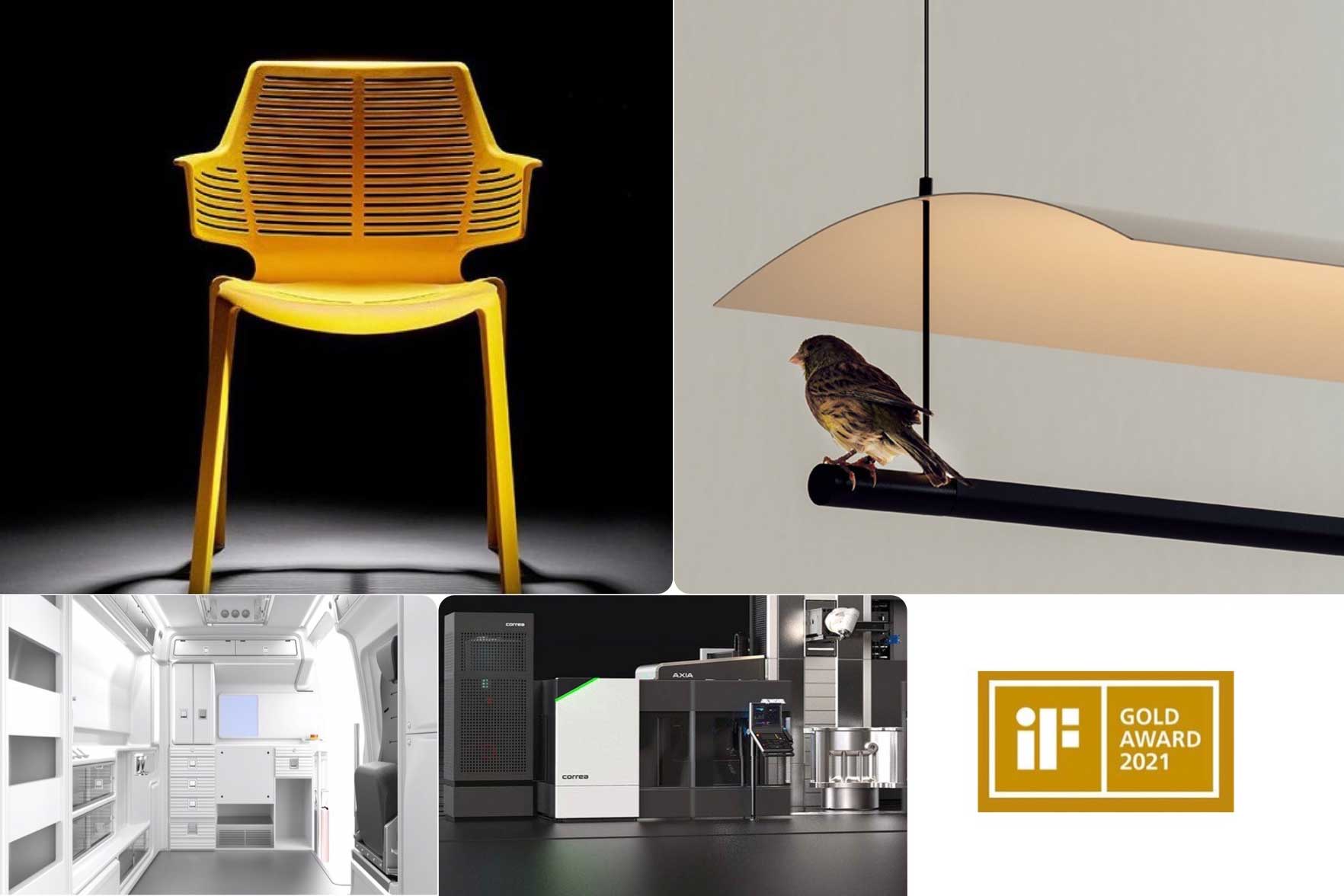 IF GOLD Award Spanish winners: IKONA chair by Jorge Pensi for Resol, LAMINA lamp by Antoni Arola for Santa&Cole, NILO ambulance project and AXIA milling system