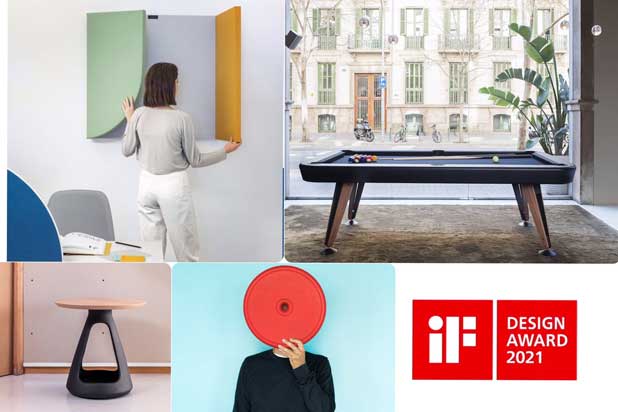Award Spanish winners: PLEC WALL by Odos Design, DIAGONAL pool table by RS Barcelona, KNOSSOS table by Isaac Piñeiro for Mobenia and PUNTO collection by Sentat