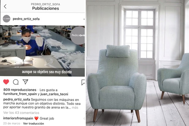 Pedro Ortiz Tapizados producing masks with their sewing machines to protect healthcare workers against COVID-19. Armchairs by Pedro Ortiz Tapizados.