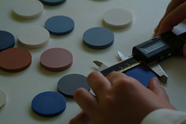 ITC-Linear shrinkage measurements of ceramic plates. Laboratory of ceramic compositions. Photo courtesy of ITC.