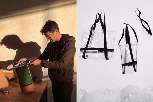 Andreu Carulla designed the Bolet table for Calma. ReciclaRR402 bags and cosmetic bags collection made from recycled plastic for Roca Recicla.