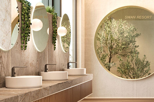 Swan bathroom taps by Noken Porcelanosa. Photo courtesy of Noken Porcelanosa.