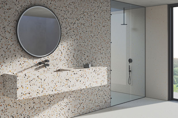 Terrazzo-HPS™ decorative surfaces material designed by Culdesac for Compac. Photo courtesy of Compac.