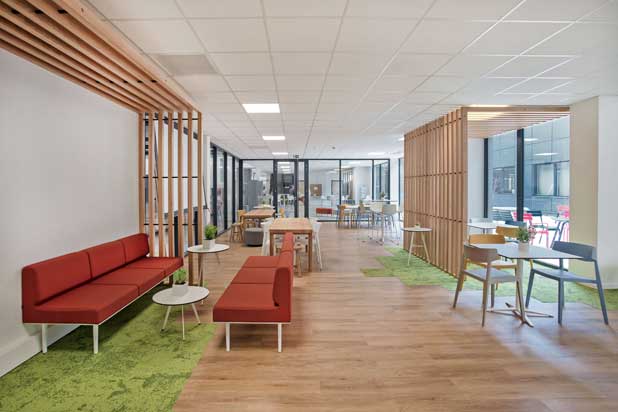 Actiu's furniture in Solystic's cafeteria and offices in Alixan, France. Photo courtesy of Actiu.