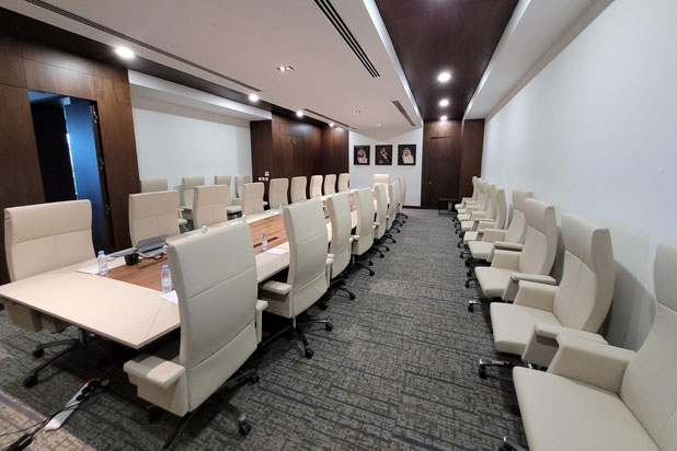 BOAT-SHAPE table and MUSA executive sofas by Bos Barcelona in the main NRRC conference room. Photo courtesy of Bos Barcelona.