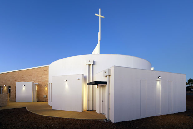 LedsC4 lights at the St. John Paul II parish church in Banksia Grove, Australia. Photo by Johnathan Trask, courtesy of LedsC4.