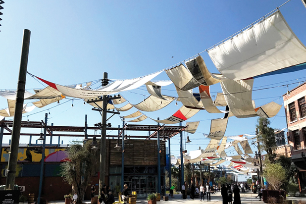 Awnings instalation for LA MER in DUBAI. Photo courtesy of DVELAS