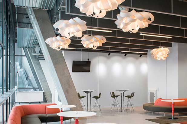 AGATHA lamps by Luis-Eslava for LZF at the Tele2 Arena Stadium restaurant in Stockholm, Sweden. Photo by Jason Strong, courtesy of LZF.