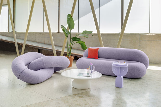 LINK pouf and LOOP sofa chairs designed by Raw Color and FACE tables by Nathan Yong for Sancal. Photo courtesy of Sancal.