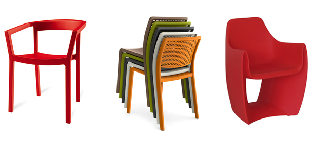 Silla Peach y sillas Trama de Resol. Apilables y resistentes.Silla Gat, de Serra y de la Rocha para Calma.