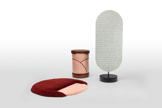 KOKESHI collection by Ester Cruz: side table, rug and space divider. Photo by fotografia ecommerce, courtesy of Ester Cruz.